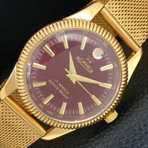Vintage 1971 Roamer Manual Mens Gold Watch W/Metal Strap & Red accents